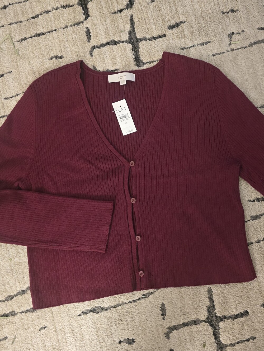 LOFT Women's Ribbed Button-Front Sweater Cardigan - Burgundy